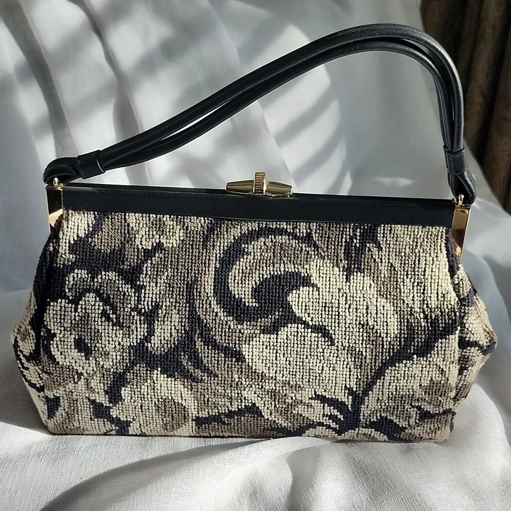 Vintage 1950's Ex Condition Black & Cream Tapestry Handbag, $75